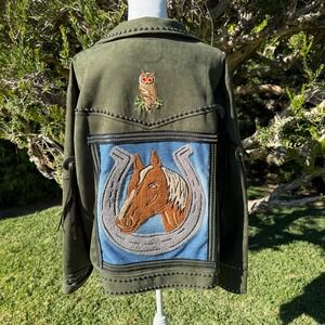 Lesal Upcycled Western Jacket Olive Green Horse Owl Studded Fringe Cow Print XL